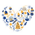 Large Christmas set with heart-shaped festive elements in childish Scandinavian hand-drawn style Royalty Free Stock Photo