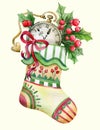 A large Christmas sock decorated with floral ornaments, a pink ribbon, a clock on a chain and a bouquet with red berries and leave