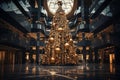 a large christmas tree in an atrium with gold ornaments Royalty Free Stock Photo