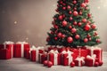 A large Christmas tree with bright red balls on the branches. Many gifts in beautiful red boxes stand under the Christmas tree Royalty Free Stock Photo