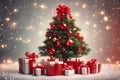 Many gifts in beautiful boxes stand under a Christmas tree decorated with bright red balls against a background of twinkling Royalty Free Stock Photo