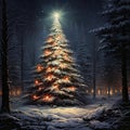 A large Christmas tree with garlands and toys in the middle of a snowy night forest. Generated by AI