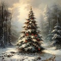 A large Christmas tree with garlands and toys in the middle of a snowy night forest. Generated by AI