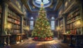 a large Christmas tree in the hall of an old library