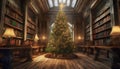 a large Christmas tree in the hall of an old library