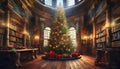 a large Christmas tree in the hall of an old library