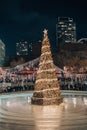 Large Christmas tree illuminated in a fountain at night. Royalty Free Stock Photo