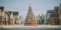 A Large Christmas tree is placed in the center of village neighborhood background.