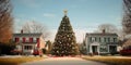 A Large Christmas tree is placed in the center of village neighborhood background.