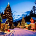 Large Christmas trees in a snowy town