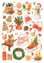 Large Christmas watercolor set of stickers. Hand drawn bull 2021, cookies, cupcake, sleigh with christmas tree, christmas toys, ta