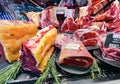 Large chunks of fresh steaks and other meat products Royalty Free Stock Photo