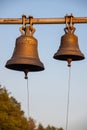 Large Church bell hanging outside. Close-up view of metal orthodox church bell Royalty Free Stock Photo