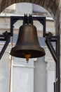 Large Church bell hanging outside. Close-up view of metal orthodox church bell Royalty Free Stock Photo