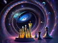 A large circular chess set, with a strange outer space background, generated by AI.