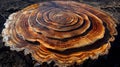 A large circular tree stump with a spiral pattern