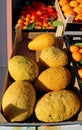 Large citrons on a crate in a fruit market. Royalty Free Stock Photo