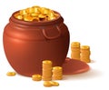 Large clay brown pot full of gold. Ceramic pot with lid