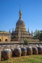 Large clay pots stacked at the Buddhist temple of Hsu Taung Pyi. Old Bagan, Myanmar (Burma)