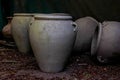 Large clay pots standing in a row in the open air Royalty Free Stock Photo