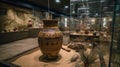 Neolithic pottery vessel on display in glass case with artifacts in a museum setting Royalty Free Stock Photo
