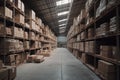 A large clean warehouse with shelfs carboard boxes Generative AI