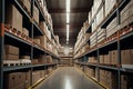 A large clean warehouse with shelfs, cardboard boxes and products