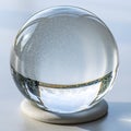 Large clear crystal snow globe with reflective surface and scenic winter landscape inside on white stand Royalty Free Stock Photo