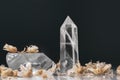 Large clear pure transparent great royal crystals of quartz chalcedony on black background close up Royalty Free Stock Photo