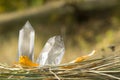 Large clear pure transparent great royal crystals of quartz chalcedony diamond brilliant on nature blurred bokeh autumn background Royalty Free Stock Photo