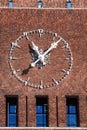 large clock on City Hall (Radhuset), Oslo, Norway Royalty Free Stock Photo