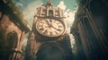 a large clock tower towering over a city next to a tall building with a clock on it\'s face and a sky background with clouds