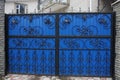 Large closed colored gates of iron black forged bars in a pattern on a blue metal wall Royalty Free Stock Photo