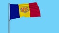 Large cloth Isolate flag of Andorra on a flagpole fluttering in the wind on a transparent background, 3d rendering, 4k prores foot