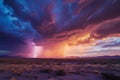 A large cloud dominates the sky as bolts of lightning illuminate the scene with their powerful energy, Intense thunderstorm over a Royalty Free Stock Photo