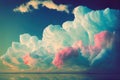 a large cloud filled with pink and blue clouds floating in the sky above a body of water with a blue sky in the background