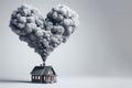 A large cloud of smoke in the shape of a heart comes out of the chimney of a house.