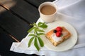 Large coffee mug. Hot chocolate and cheesecake on the table. Cappuccino Coffee and sweet toffee cake. A cup of latte, cappuccino Royalty Free Stock Photo