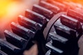 Large cog wheels in motor machine gear box, Industrial background Royalty Free Stock Photo