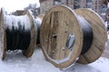 Large coils with cable wire wood wooden .