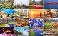 A large collage of landmarks and landscapes of Istanbul and nearby islands. Spring time of the year, flowering parks, bazaar, port