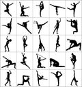 Large collection of ballet girl vector silhouette figure performance isolated on white background. Rhythmic Gymnastic woman.