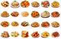 Large collection of food on the plates, various dishes, isolated illustration