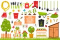 A large collection of garden tools, tools, wooden accessories, plants, insects. Gardening, growing plants. Design elements in a