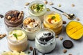 Large collection of Ice cream, delicious gelati with fresh pistachio, chocolate, caramel, melon, mango, chocolate chip sandwich Royalty Free Stock Photo