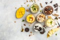 Large collection of Ice cream, delicious gelati with fresh pistachio, chocolate, caramel, melon, mango, chocolate chip sandwich Royalty Free Stock Photo