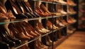 Large collection of leather shoes on display in a modern boutique generated by AI Royalty Free Stock Photo