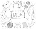 Large collection of line icons in hand drawn style for the profession of tailor. Vector