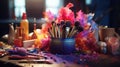 a large collection of make up brushes and paints Royalty Free Stock Photo