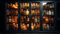 A large collection of medicine bottles on a dark shelf generated by AI Royalty Free Stock Photo